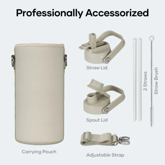 Buzio Duet Series Water Bottle with 2 Lids and Sleeve 1L - Beige